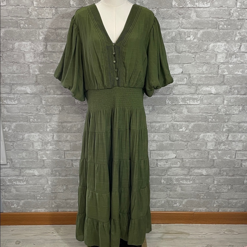 Olive Green Midi Dress with Smocked Waist